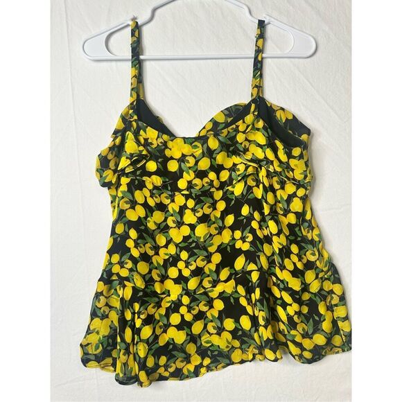 Parker Lemon Print Silk Print Ruffle Tank Top Blouse Yellow Black SZ S - Picture 7 of 7